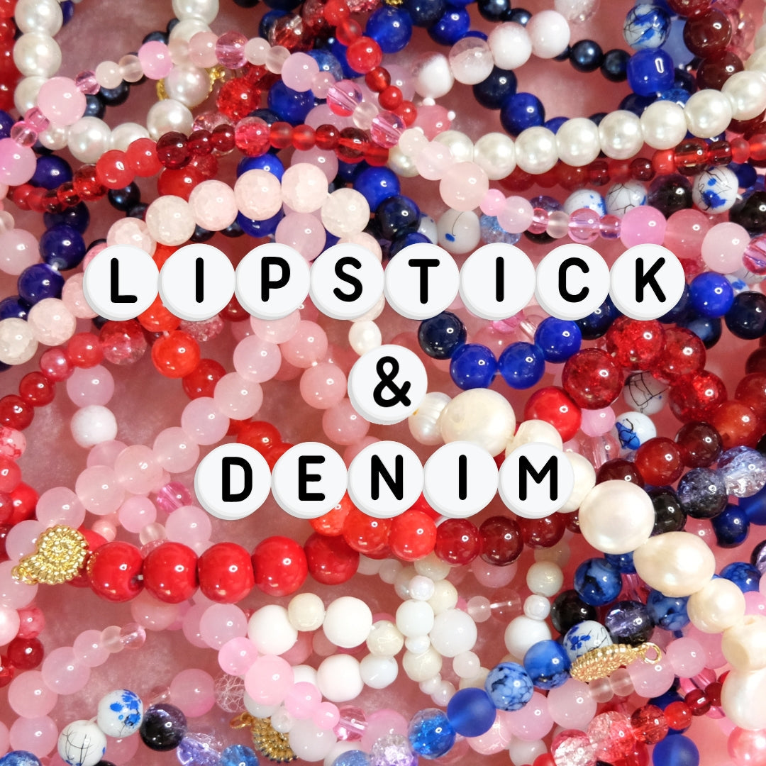 A layered arrangement of elastic beaded bracelets in reds, pinks, blues, and whites—featuring glossy, crackle, and pearl beads, with gold accents—shown on a soft pink background with “Lipstick & Denim” text overlay.