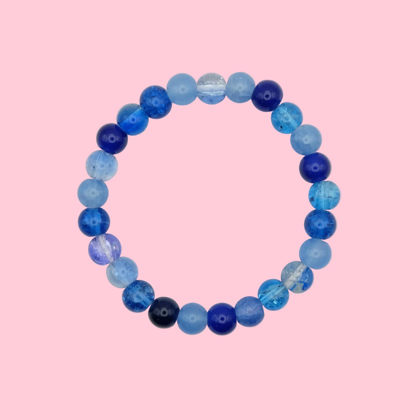 An elastic beaded bracelet composed of 4mm glass beads in varying blue tones - featuring mixed finishes for texture, shown on a white background.
