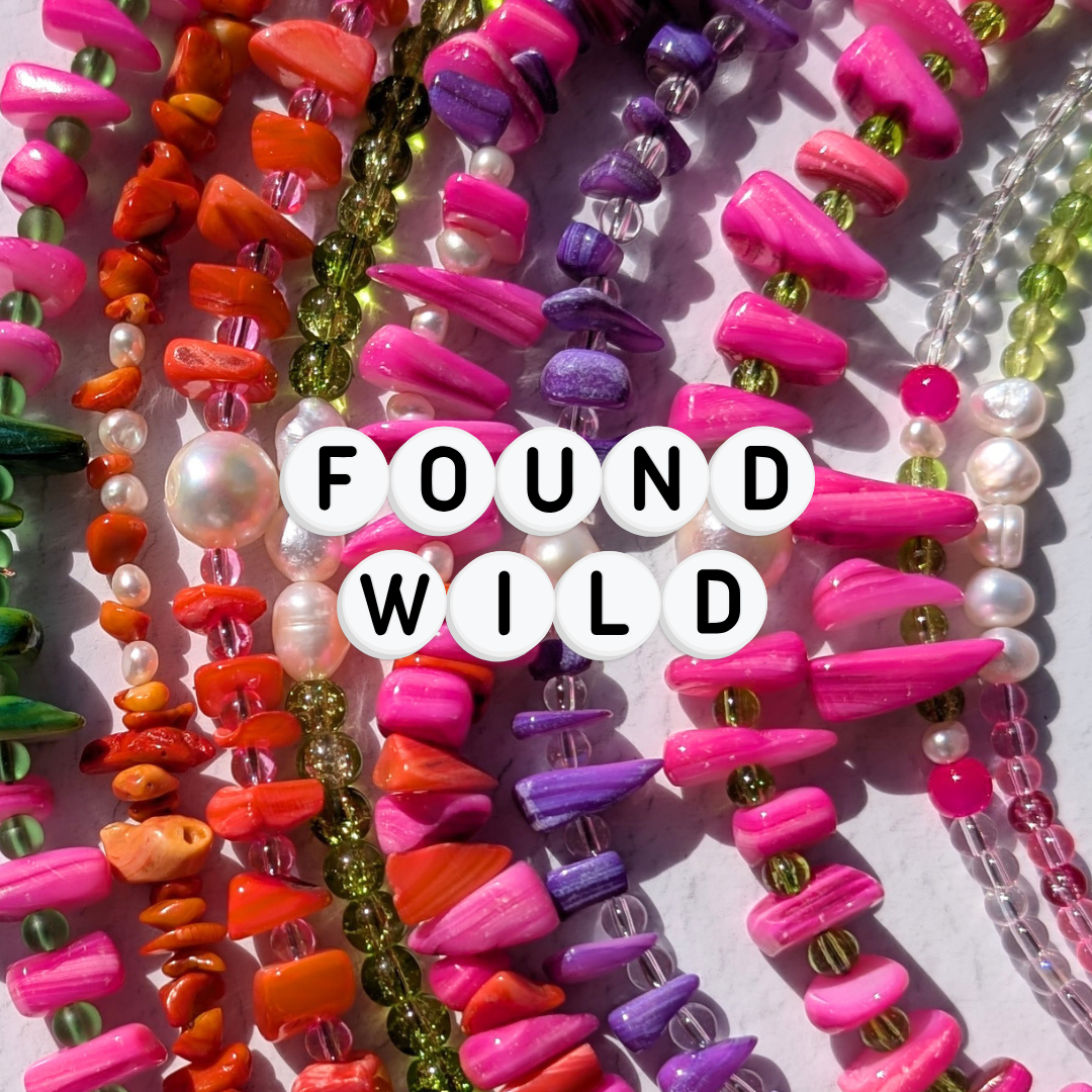 Found Wild collection of colourful handmade beaded necklaces in pink, orange, purple and green glass, shell and freshwater pearls.